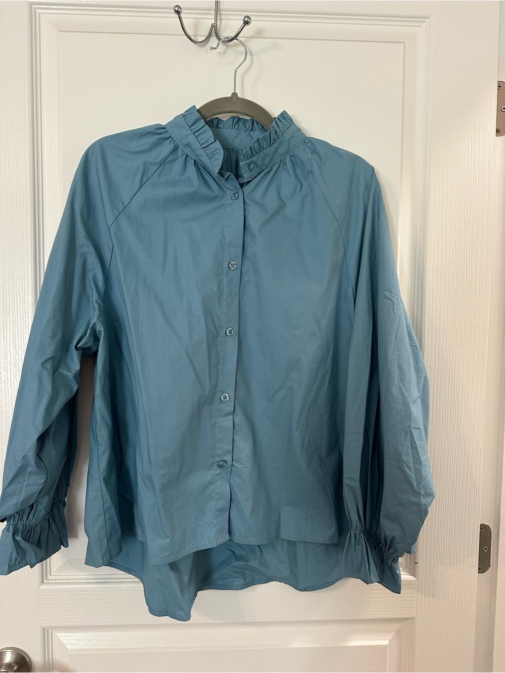 Amazon Women's Button-Down Ruffle Collar Top in Teal Blue